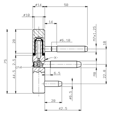 Paumelles set onder en boven (tbv Tubtarra renovatieplaat) 75x14mm-M 7 draad-inbusverstelling